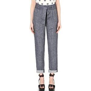 Maje Women's Blue Parisien Belted Linen Denim Trousers Pants Size 36